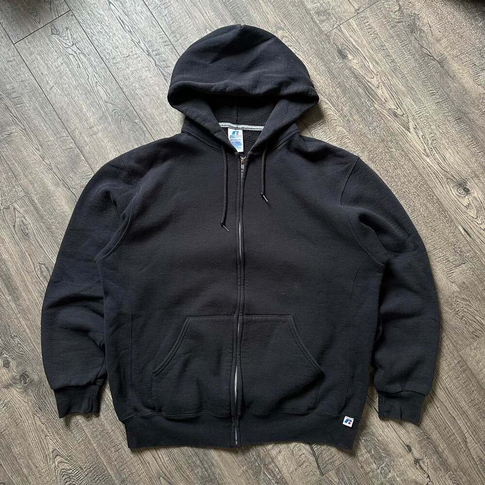 Vintage Oversized Black Cotton Russell Athletic Zip Uo Hoodie Sweatshirt